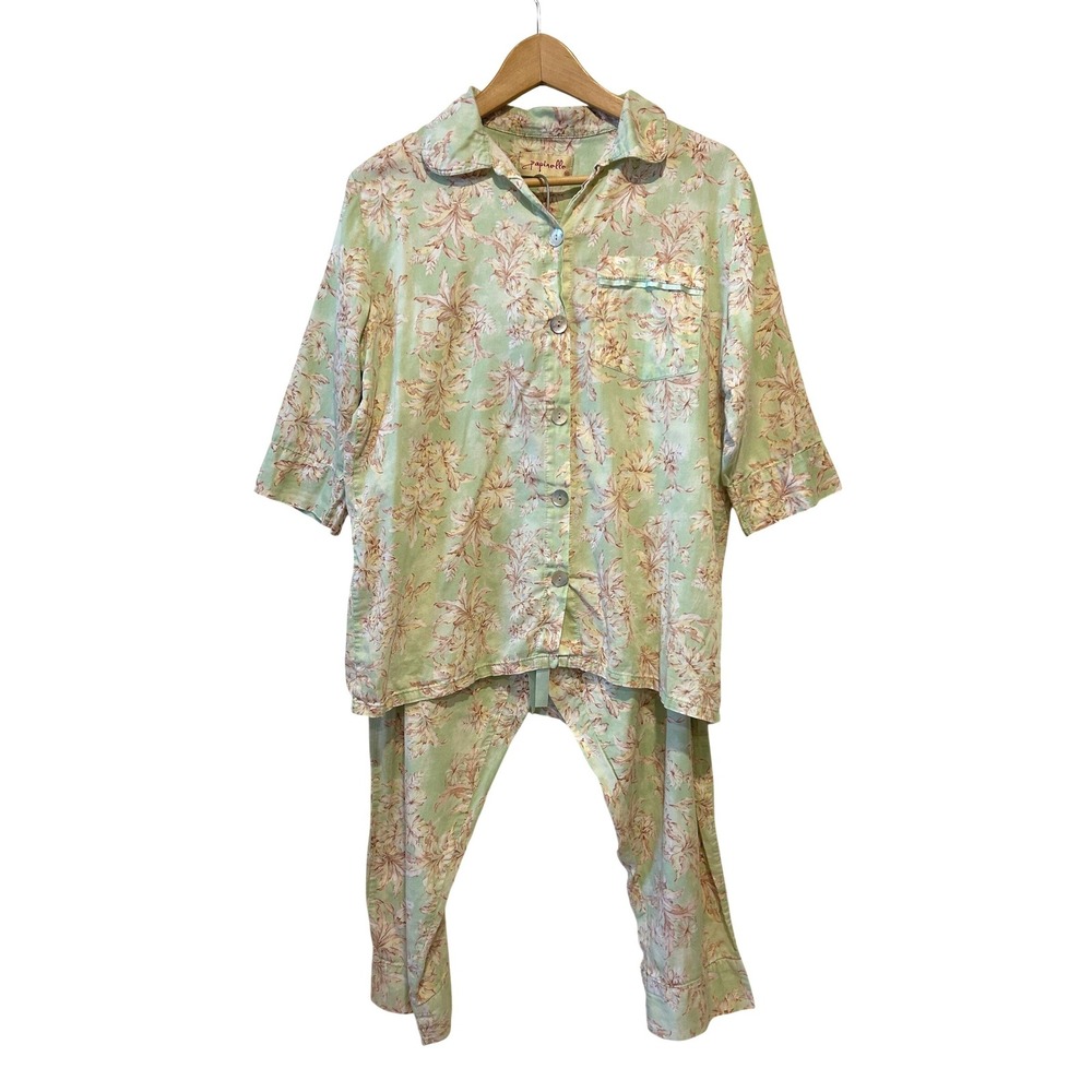 Papinelle Pajama Set Sz M Green Floral Cotton Button Up Crop Cottagecore Garden - Picture 2 of 12
